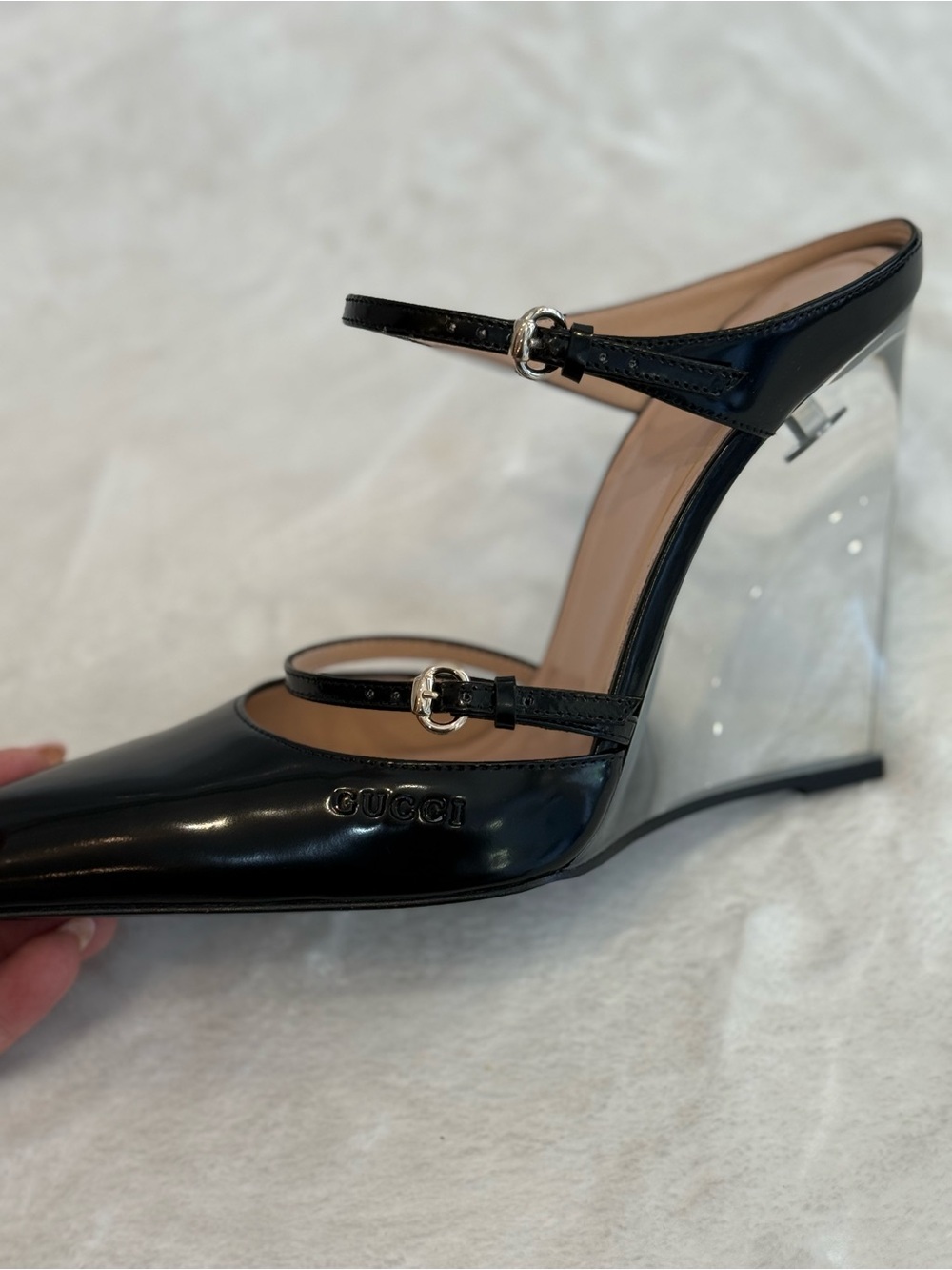 Gucci Black Patent Leather Pointed-Toe Clear Wedge Mules - Picture 12 of 12